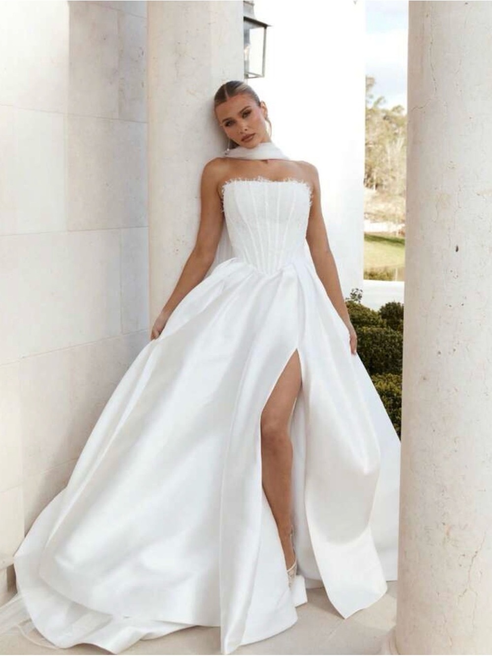 Strapless White Satin Ball Gown Wedding Dress with High Side Slit